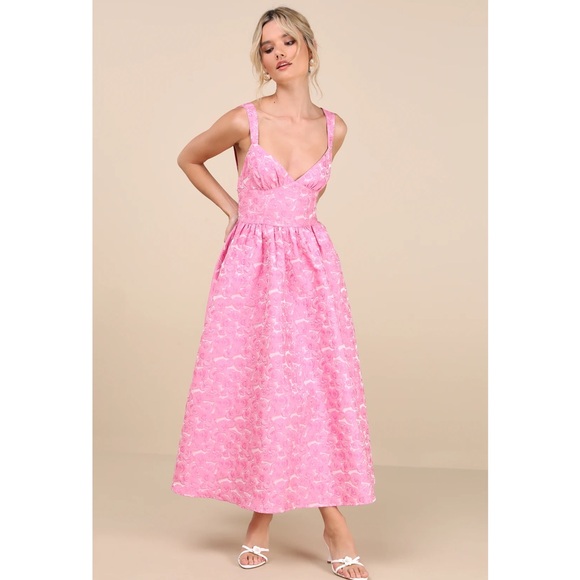 Lulus Dresses & Skirts - Lulus Rudra Pink Floral Jacquard A-Line Backless Pockets Midi Dress NWT XL